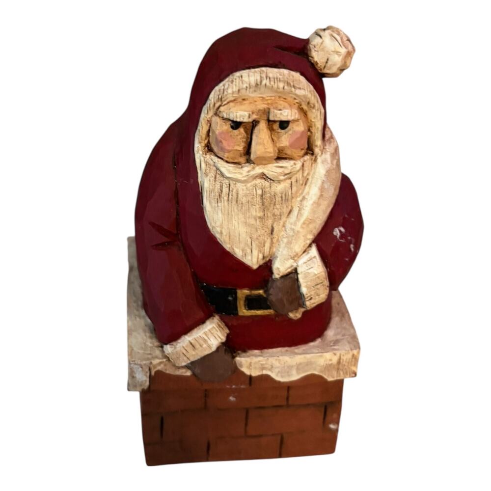 Vintage Santa Claus in Chimney Wooden Handcrafted Figurine 4" Tall